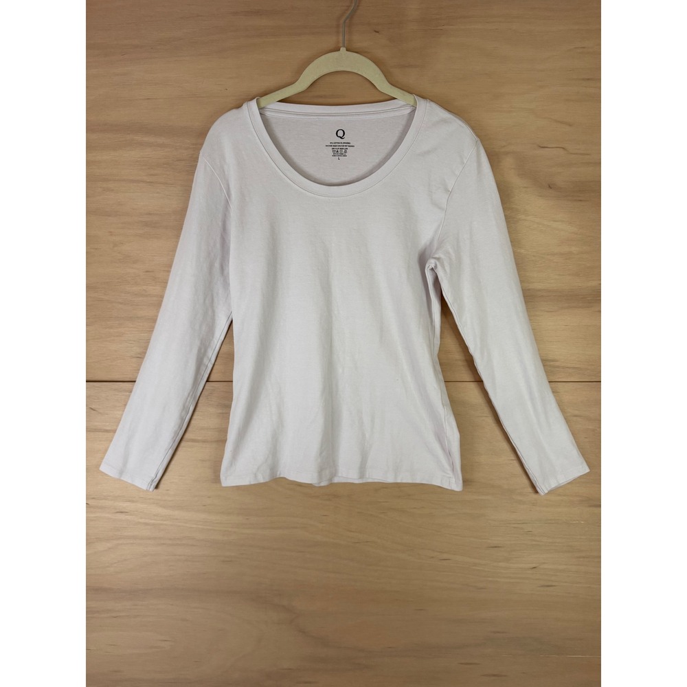 Q Womens Long Sleeve Scoop Neck T-Shirt White Cotton Stretch Basic Top 8008-1J L